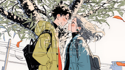 秋の紅葉の下でキスをしている若い恋人たち｜5522494-12263