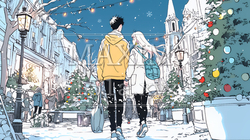 クリスマスイルミネーションの街でデートしているカップル