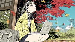 美しい紅葉の中でもPCを手放せない若い女性 | 5524007-6233