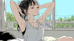 朝の目覚ましを止めて伸びをしている若い女性 | 5527999-15498