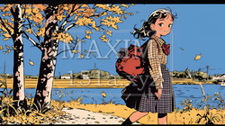 水辺の紅葉の小径を散策している若い女性