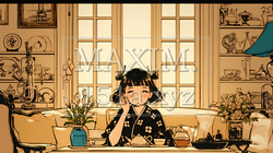 リビングで紅茶を飲んでいる女性（シンプルな色使い）