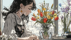 おもてなし（優しい心遣い）：来客のために花瓶に花を生ける若い女性 | 5538335-15344