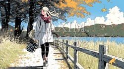 水辺の紅葉の小径を散策している若い女性｜5572691-7333