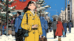 ホワイトクリスマスの街を歩く若い女性