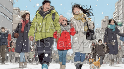雪の日に家族で仲良く散歩に出かけている | 5554349-7550