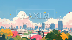 都市の町並みと青空（ポップでキュートな色使い） | 555564-11561