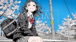 満開の桜の木の下を歩く制服姿の女子高生｜5609176-5901