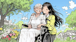 車椅子の歳をとった女性が若い女性に付き添われて公園を散歩している