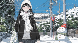 雪の積もる田舎道を歩いている若い女性 | 5579122-13089