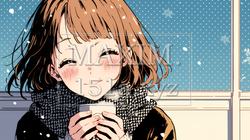 寒い冬、温かい飲み物を手にして、ふっと幸せそうに微笑む若い女性 | 5586805-15306