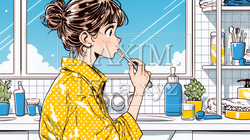 洗面所で朝の歯磨きをする若い女性 | 5596638-16906