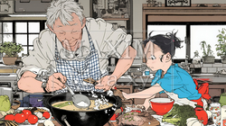 おじいさんが孫と一緒に料理を楽しそうに作っている | 5602241-8253