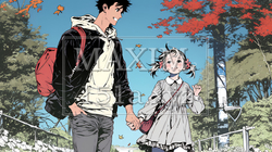 紅葉の小径を仲良く歩く少女と父親｜5610401-17227