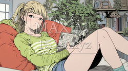 読書の秋：リビングルームで本を読んでいる若い女性｜5610401-17581
