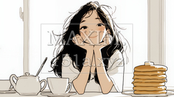 早朝のダイナー（喫茶店）でパンケーキ（モーニングセット）を食べる若い女性（シンプルな色使い）｜5137438-15607