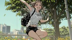 喜びにあふれ、軽やかにスキップする若い女性