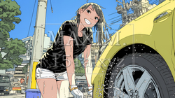 晴れた日に洗車をする若い女性｜青空と水しぶきの爽やかなライフスタイルシーン | 562368-17727