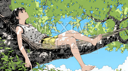 のんびり・ゆったり：夏の昼下がり木陰のハンモックで寛いでいる若い女性