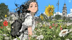 夏の晴天の日、ひまわりの畑を散策している黒髪の若い女性