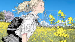 春風の中、菜の花畑にいる制服姿の女子高生 | 5646425-15354