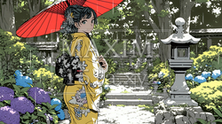 あじさいの小径を和服で歩く若い女性｜5879871-16231