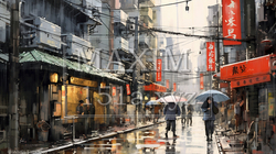 雨降りの飲み屋街の風景：　水彩画