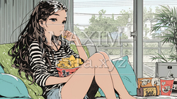 ポテトチップスをつまみながら、ひとりでビデオを観る若い女性