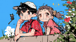 小学生の夏の思い出：初デート（クレヨン＋水彩画風）