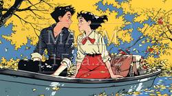 紅葉の湖でボートに乗っている若いカップル