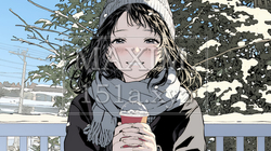 寒い冬、温かい飲み物を手にして、ふっと幸せそうに微笑む若い女性 | 5710737-15296
