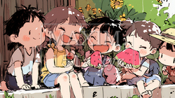 小学生の夏の思い出：みんなでスイカを食べる（クレヨン＋水彩画風）
