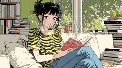 読書の秋：リビングルームで本を読んでいる若い女性｜5758113-5961