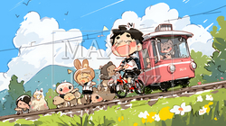 小学生の夏の思い出：トロッコ電車と自然の動物たち（クレヨン＋水彩画風）