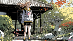 紅葉の秋の街を歩く若い女性