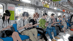電車に乗車している全員がスマホをいじっている | 5795191-7279