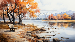 木々の紅葉が水面に映る美しい水辺の風景：水彩画 | 5798201-18689
