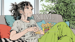 ポテトチップスをつまみながら、ひとりでビデオを観る若い女性 | 5807781-15879