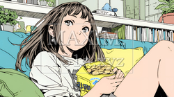 ポテトチップスをつまみながら、ひとりでビデオを観る若い女性 | 580843-15881