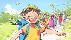 小学生の夏の思い出：友達とピクニック（クレヨン＋水彩画風）