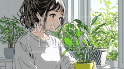 観葉植物の世話をする若い女性 | 5838222-16046