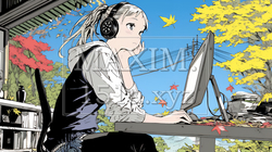 美しい紅葉の中でもPCを手放せない若い女性 | 5843332-6225