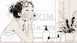 洗面所で朝の洗顔をする女性（シンプルな色使い） | 5847665-16873