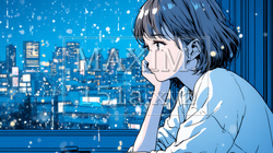 思案・反省・諦め；窓から流れ落ちる雨粒を見つめる若い女性