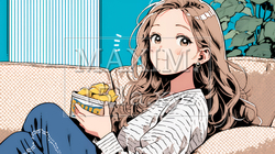 ポテトチップスをつまみながら、ひとりでビデオを観る若い女性 | 5848283-15870