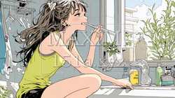 洗面所で朝の歯磨きをする若い女性 | 5852567-16913