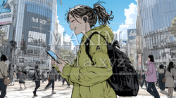 スマホの地図アプルを頼りに目的地に向かって歩いている女性：歩きスマホ | 5865764-12292