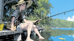 岸から魚釣りを楽しむ若い女性｜渓流・自然・アウトドア・ライフスタイル | 5886285-17536