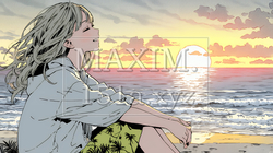 のんびり・ゆったり：夏のビーチで夕日を眺める若い女性