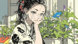アサガオと浴衣姿の若い女性 | 5899659-9726